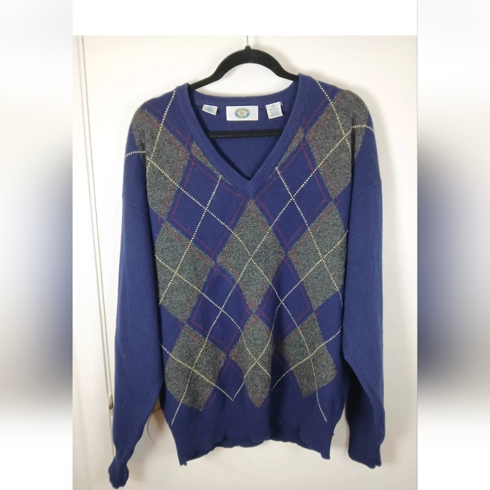 Vintage Harbour Club Lambswool Argyle Sweater Navy Gray Plaid V-Neck Large‎ READ